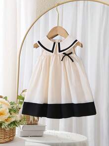 Babygirl Cute Patchwork Peter Pan Collar Bow Tie Dress - Black and White - View 6