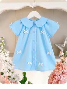 女婴可爱蓝色彼得潘领蝴蝶结短袖连衣裙，夏季 - 藍色 - 查看 5