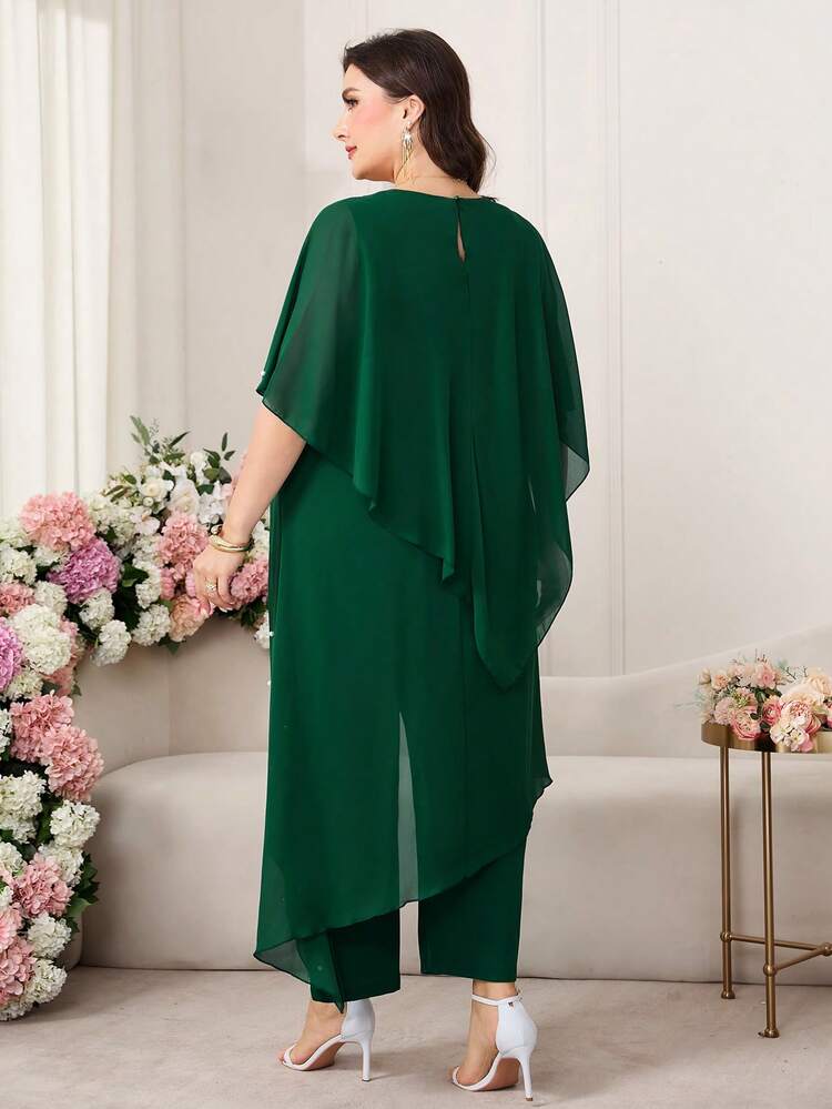 Reflora Conjunto de 2 piezas de top asimétrico de gasa y pantalones largos para mujer talla grande, adecuado para la madre de la novia, fiestas y otras ocasiones - Verde Oscuro - Añade 2