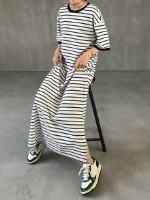 FRIFUL Women's Round Neck Full Body Striped Side Slit Dress - White - View 1