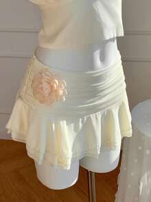 SHEIN EZwear 2 件套女士夏季褶皱露背上衣和迷你裙套装 - 杏色 - 查看 8