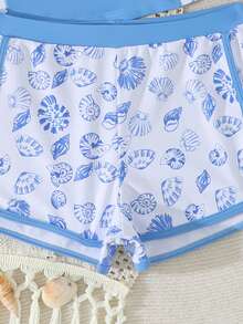 SHEIN Tween Girls Tankinis 2-Piece Swimwear Set,Blue Ocean Shell Print Long Sleeve Rash Guard Bathing Suit,White,Summer,Casual,Pool Party,Vacation,Holiday - Blue - View 5