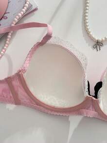 Conjunto de lencería rosa suave, sujetador push-up con volantes y encaje a contraste y braguitas - Rosa - Ver 5