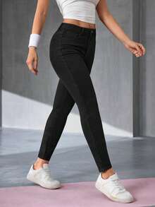 Slaydiva Women's High Waist Casual Versatile Skinny Jeans With Pockets - Black - View 5