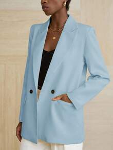 Aveloria Modichic Women's Business Style Solid Color Double-Breasted Blazer Jacket For Commuting, Autumn  - Baby Blue - View 6