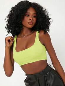 SHEIN BASICS Áo tank top nữ màu trơn cổ chữ U, dây bản rộng, dáng ngắn, kiểu dáng thường ngày, đa năng, thích hợp cho mùa hè. - màu xanh lá - Xem 8