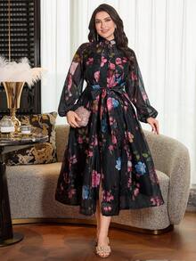 Modelyn Floral Print Stand Collar Long Sleeve Loose Regular Dress, Plus Size, Spring/Autumn - Multicolor - View 3