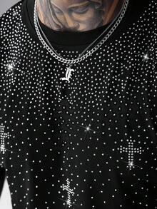 SLATEMANN 男士短袖T恤套装，黑色休闲宽松落肩短袖T恤搭配黑色短裤，饰有水钻，适合日常通勤穿着，宽松廓形，成熟街头风格，在上很受欢迎，送给男友的礼物，百搭休闲运动街头风，适合日常、通勤、返校、度假等场合，是送给男友和老公的理想礼物，情侣装 - 黑色 - 查看 6