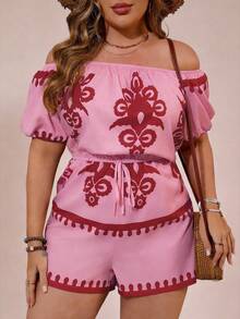 SHEIN VCAY Mono de hombros descubiertos minimalista y estampado para uso diario en tallas grandes - Rosa - Ver 1