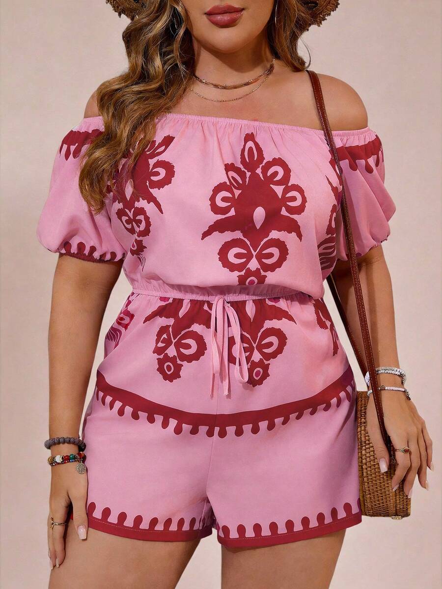SHEIN VCAY Mono de hombros descubiertos minimalista y estampado para uso diario en tallas grandes - Rosa - Ver 1