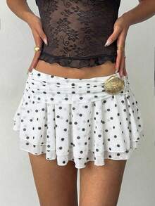 Aloruh 女士金属贝壳装饰波点印花时尚半身裙 - 白色 - 查看 8