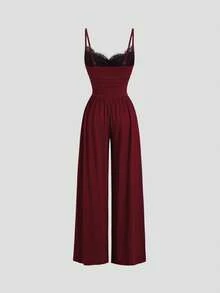Sweetra Women's Sexy Lace Patchwork Ruffle Jumpsuit With Wide Leg - Burgundy - View 2