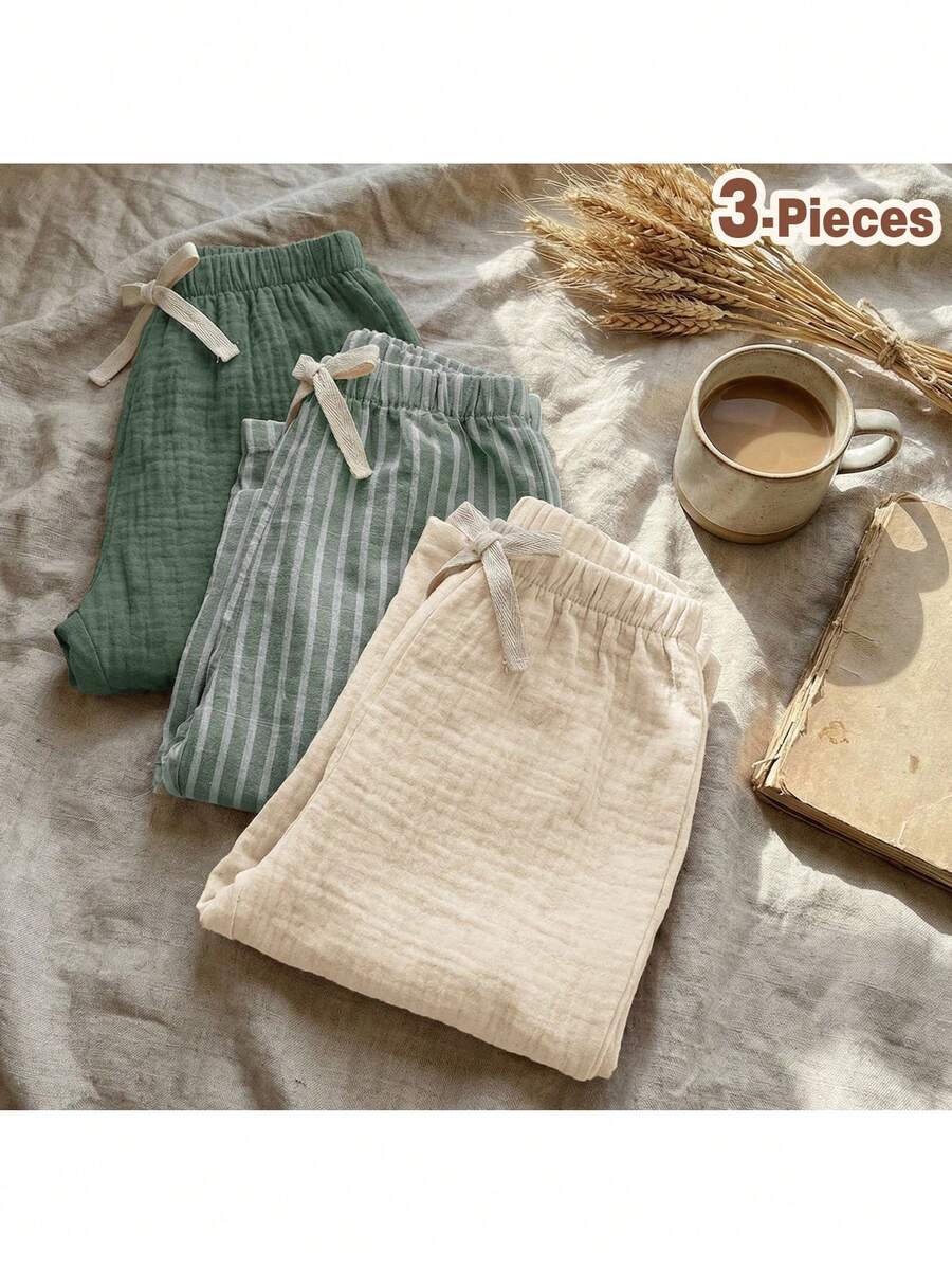 Loomiva 3pcs Baby Boys/Girls Elastic Waist Pants Set With Decorative Ribbon, Versatile & Comfortable For Outings, Street Style, Home, Party,Kids - Multicolor - View 1