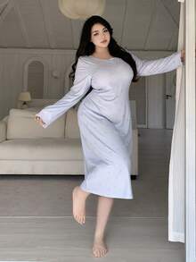 Dazy Plus 碎花撞色蕾丝边修身长袖睡裙，优雅长款睡衣 - 淺藍色 - 查看 5