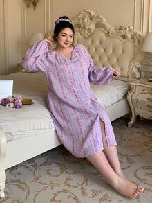 Dazy Plus 大码女式宽松印花灯笼袖中长睡裙，舒适绉纱面料，度假风，春夏款 - 紫色 - 查看 6