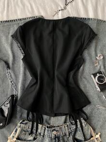 Attitoon 女士休闲复古系带褶皱修身衬衫，适合Y2K风格 - 黑色 - 查看 3