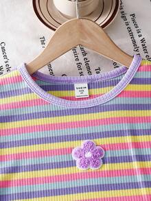 Emery Rose Kids Emery Rose Kids 2件套女童针织圆领条纹印花休闲T恤和短裤套装 - 紫色 - 查看 4