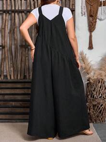 Breezaya Plus Size Striped Jumpsuit Dark Grey Woven Fabric Cropped Length With Pockets Casual Sleeveless Design - Dark Grey - View 2