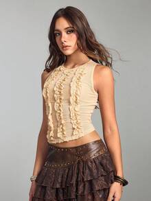 ROMWE Fairycore Top de mujer con volantes de encaje floral vintage patchwork - Caqui - Ver 7