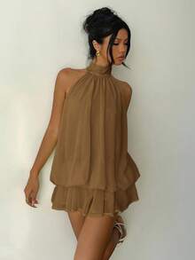 Aloruh Women's Elegant Light Yellow Halter Neck Tie Mini Dress ,Summer Dress - Khaki - View 7