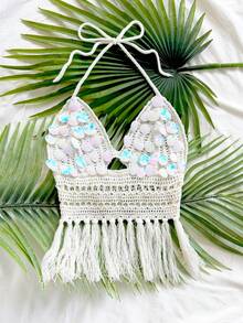 Soleia 女士串珠露背流苏针织上衣，适合度假、约会、下午茶、海滩、邮轮、城市旅行、婚礼季、音乐节、波西米亚风假期等场合。 - 彩色 - 查看 5