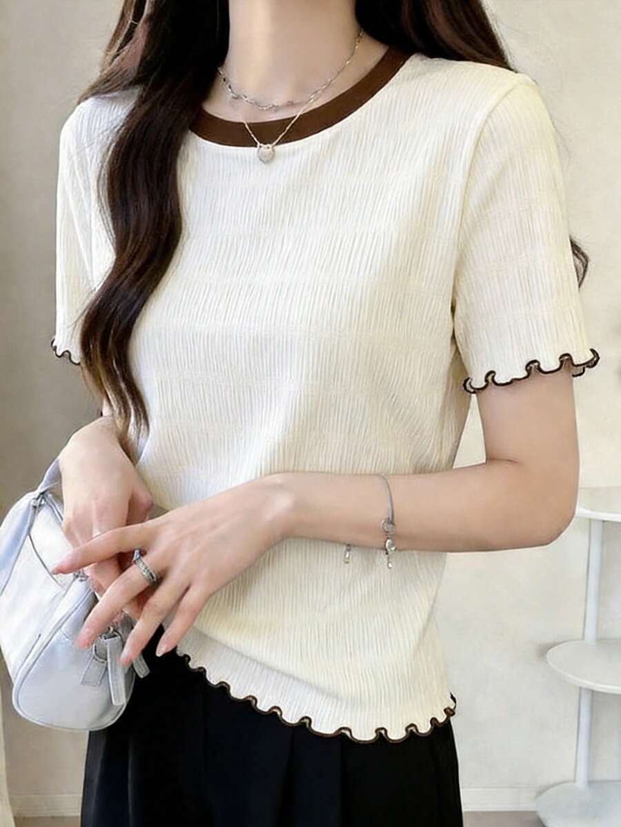 FRIFUL Women's Casual Loose Fit Contrast Color Trim T-Shirt, Versatile For Spring And Summer - Beige - View 1