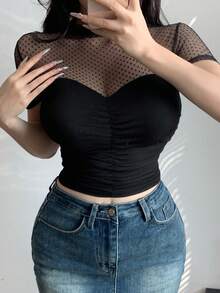Joudiya 女士波点网纱拼接短袖衬衫 - 黑色 - 查看 3