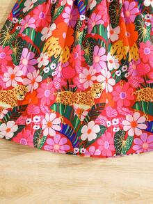 SHEIN Vestido casual con cuello de volantes y estampado floral pequeño para niña - Rosa Fucsia - Ver 5