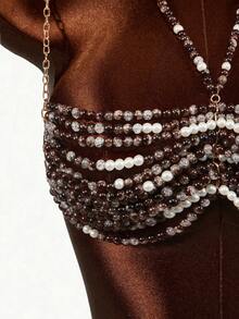 Sirith Conjunto de bikini con parte delantera anudada, espalda descubierta y cristales, estilo de vacaciones en la playa - Marrón - Ver 4