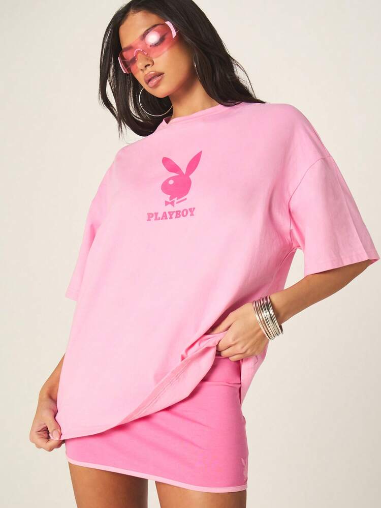 Missguided x Playboy Graphic Oversized Crew Neck Short Sleeve Cotton T Shirt With Logo Print Summer Casual Loose Fit Top