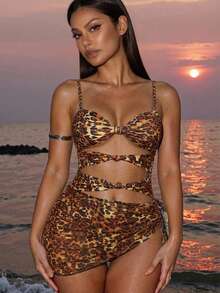 Swim SXY 2026 Sexy Leopard Print One-Piece Bikini, Mesh Cover-Up Set, Hot Selling Beach Swimwear, Spring/Summer - Multicolor - View 5