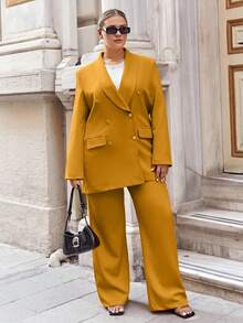 SHEIN Plus Shawl Collar Double Breasted Blazer & Pants - Yellow - View 6