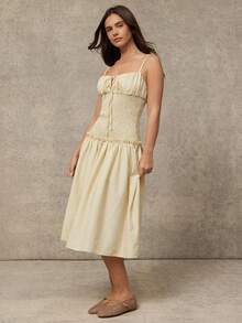 WESTFADE V Neck Tie Front Smocked Drop Waist Fit & Flare Sleeveless Striped Midi Dress - Yellow - View 5