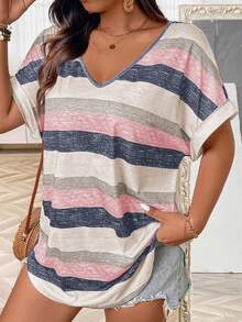 Breezaya Áo thun nữ cỡ lớn cổ chữ V tay ngắn in họa tiết, kiểu dáng thường ngày. - Nhiều màu - Xem 3