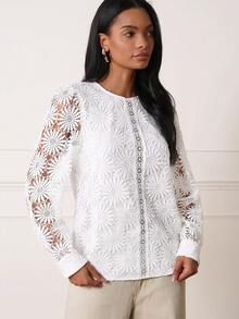 Lilora Stylish White Round Neck Lace Blouse Women's Long Sleeve Regular Fit Top Wedding Summer Elegant - Apricot - View 2