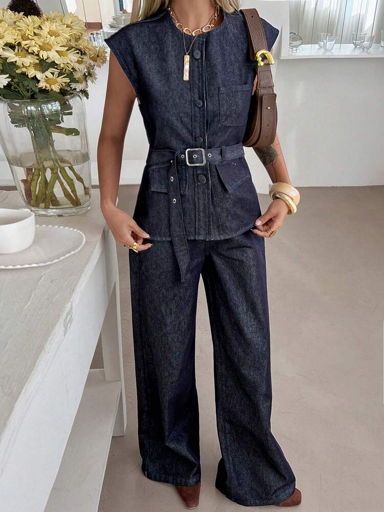 Spring/Summer Romantic Design Loose Casual Commute Elegant Blue Sleeveless Top And Wide Leg Jeans Women 2-Piece Set