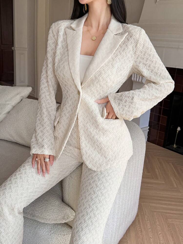 Women's Solid Color Long Sleeve Lapel Collar Textured Fabric Blazer & Pants 2-Piece Set