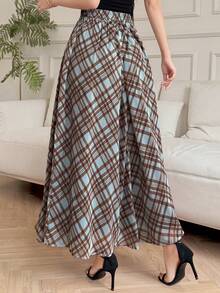 DAZY Women's Elastic Waist Plaid Casual Commuter Skirt - Coffee Brown - View 3