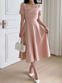 DAZY Women's Square Neck Waist Cinched Mesh Patchwork Mid-Length Dress - Pink - View 5