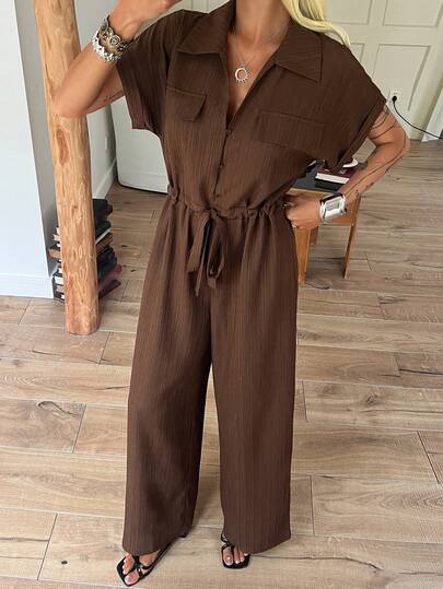 DAZY Women's Solid Color Batwing Sleeve Drawstring Waist Casual Wide Leg Jumpsuit