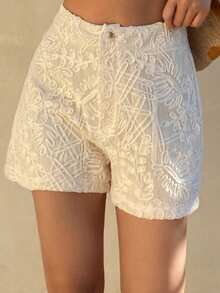 DAZY 女士纯色修身直筒纹理面料休闲度假短裤，春夏款 - 杏色 - 查看 4