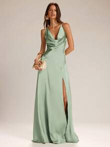SHEIN BAE Women's Solid Green Satin Draped Neck Fitted Side High Slit Elegant Sexy Dress, Suitable For Parties, Vacations, Banquets, Weddings, Nights Out, Romantic Dates, Spring/Summer - Green - View 1