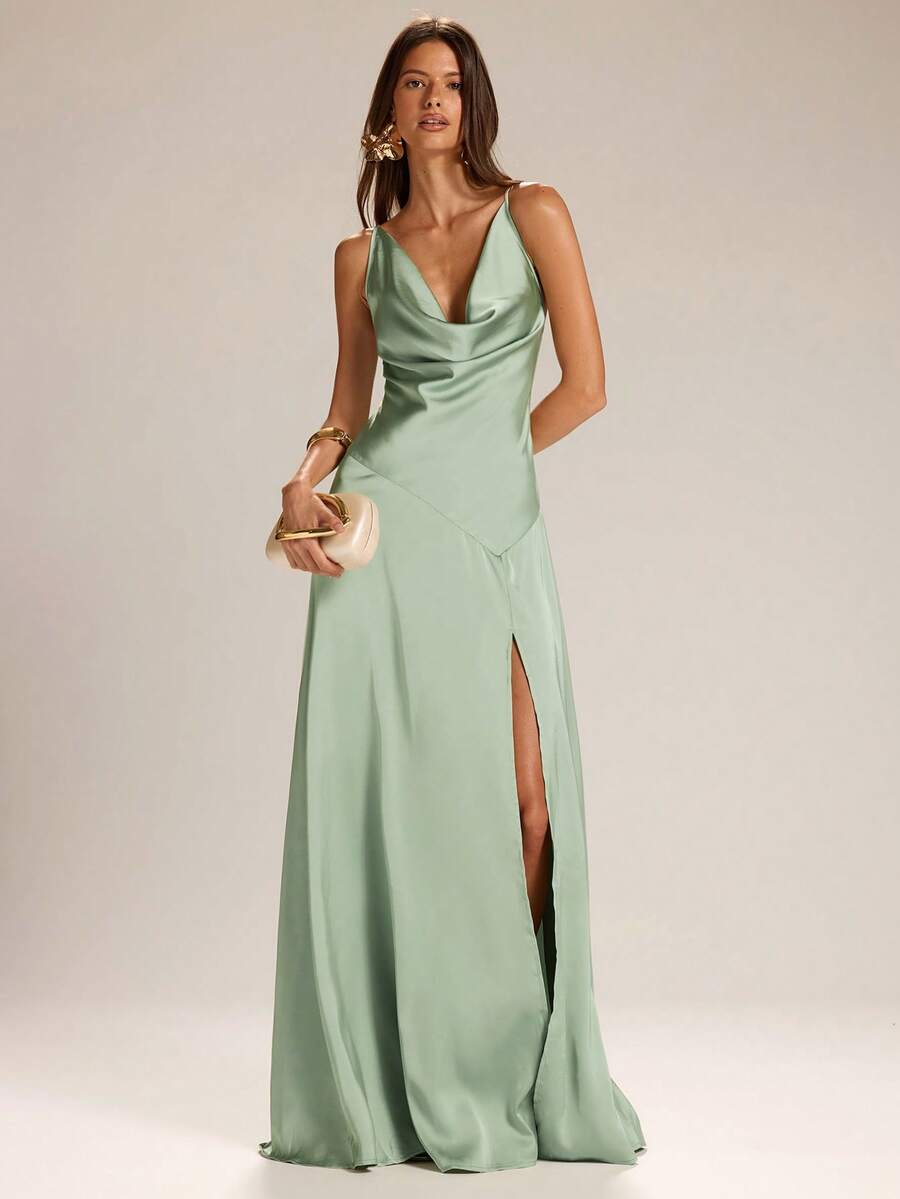 SHEIN BAE Women's Solid Green Satin Draped Neck Fitted Side High Slit Elegant Sexy Dress, Suitable For Parties, Vacations, Banquets, Weddings, Nights Out, Romantic Dates, Spring/Summer - Green - View 1