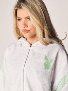 Missguided x Playboy 女士拉链连帽衫，撞色条纹细节，休闲宽松版型，长袖抽绳帽，适合秋冬季穿着 - 灰色 - 查看 5