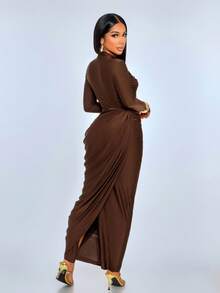 SOLERSUN Sexy Elegant Kink Decorative Buckle Side Stacked Pleated Fake Two-Piece Party Dress - Coffee - View 2