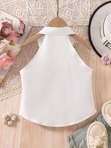 少女碎花装饰无袖纽扣衬衫 - 白色 - 查看 2