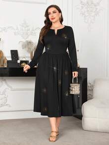 Modelyn Plus Size Women's V-Neck Fitted Rhinestone Decor Waist Cinched Textured Knit Dress, Casual For Spring/Summer - Black - View 6