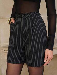 Lavishia Women's Line Print Minimalist Casual Midi Shorts - Black and White - View 4