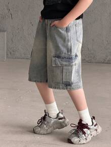 Dazy Kids 男童宽松牛仔短裤，带工装口袋 - 藍色 - 查看 5