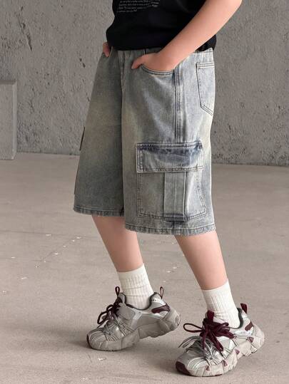 DAZY 男童宽松牛仔短裤，带工装口袋